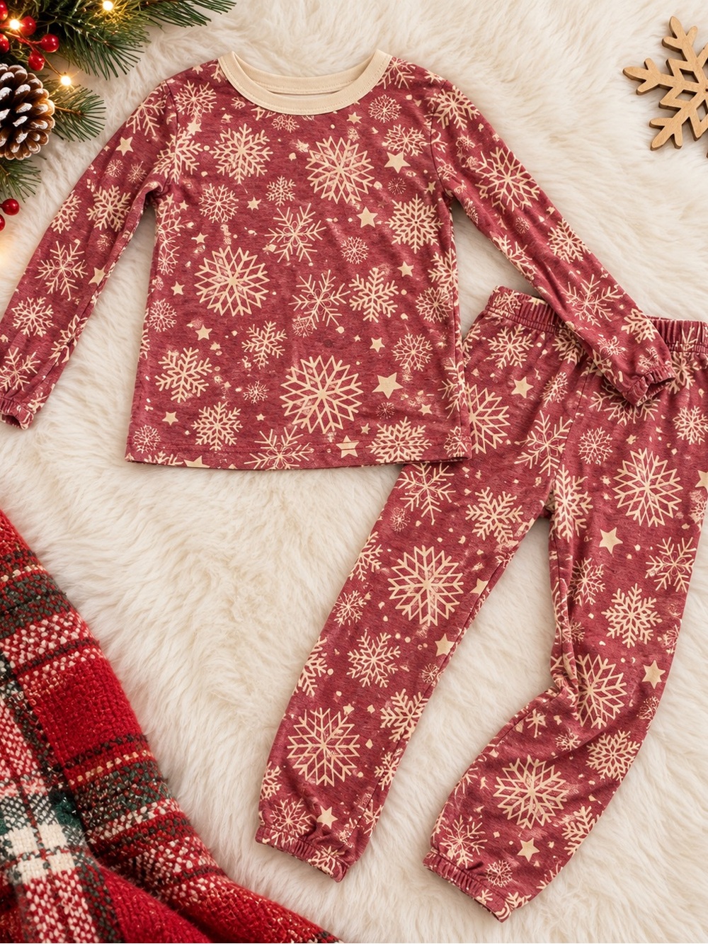 Kids Snowflake Christmas Pajama Set Size 5-6 100% Cotton